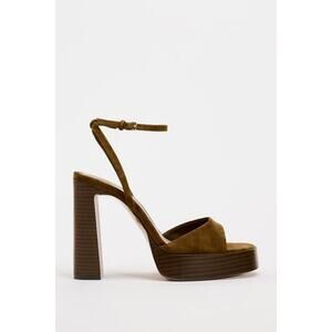 ZARA Chunky Heeled Platform Suede Sandals - 9 Brown
